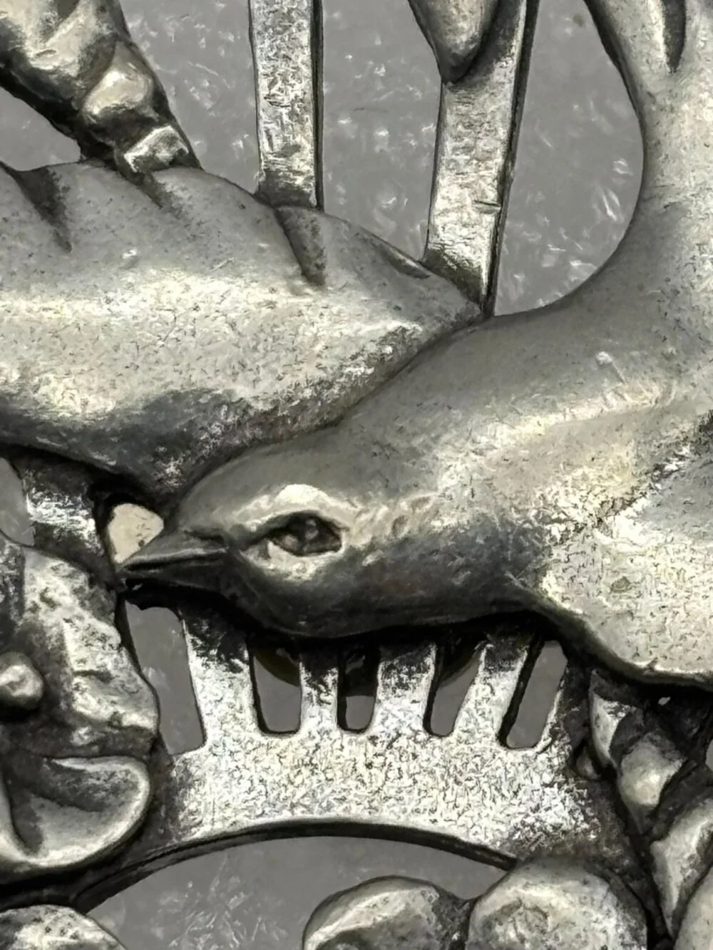 Vintage Bird in Flight Floral Fan Brooch Seagull Pewter Canada Late 1980s Signed